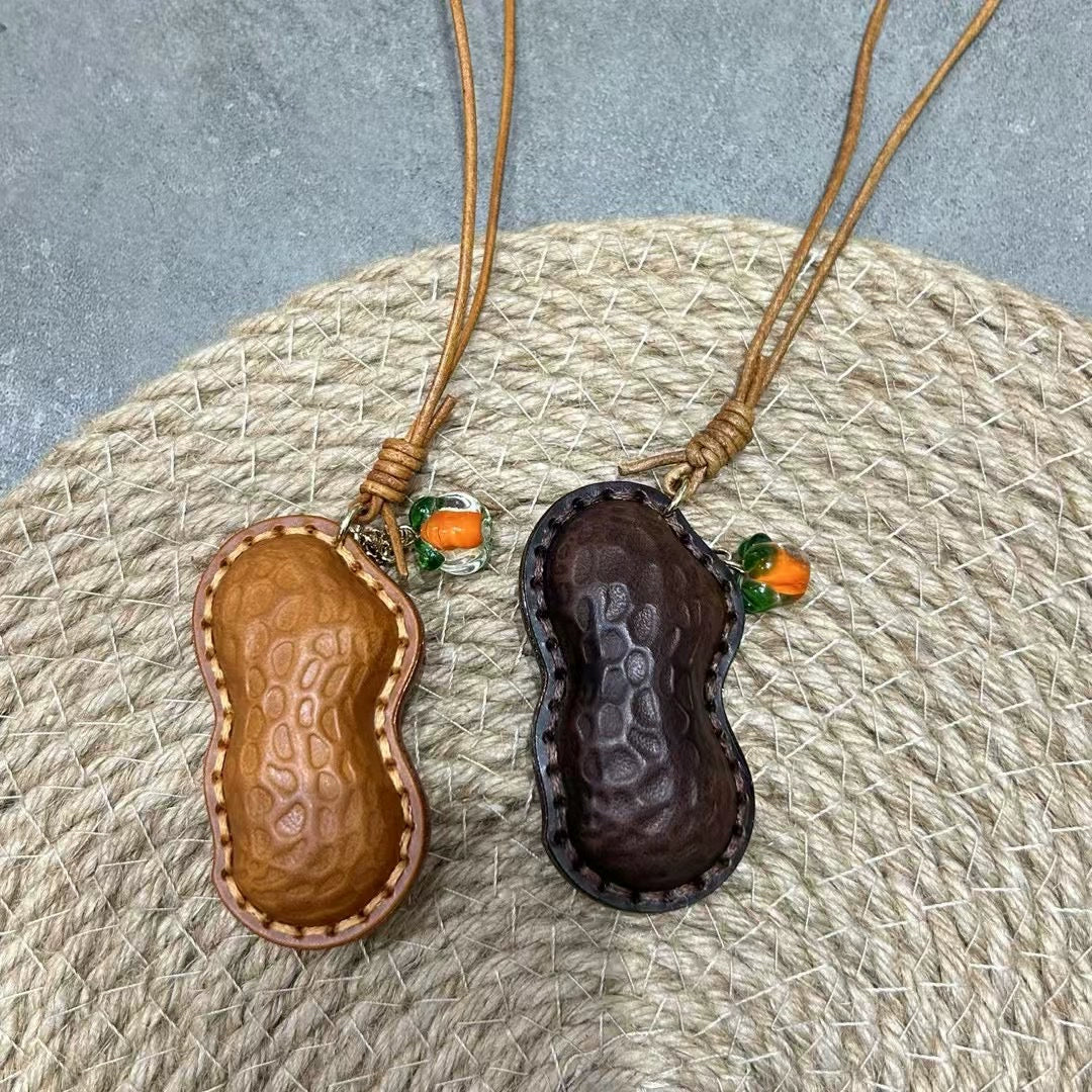 头层牛皮花生好事发生挂件牛皮包挂饰车钥匙扣手账书签